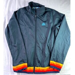Aldi Windbreaker Jacket Women Small Navy Blue Excellent Retro Rainbow Stripe Zip